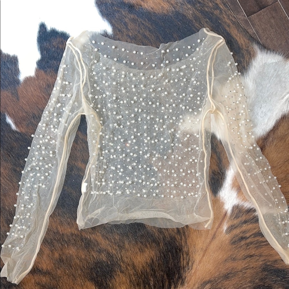 Elegant Cream Sheer Pearl-Embellished Top